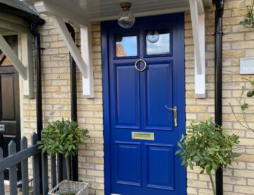 Bespoke hardwood front door in Nocton spray finished in Oxford Blue