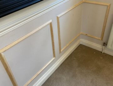 Corner detail of bespoke wall panelling installation in Lincoln home.